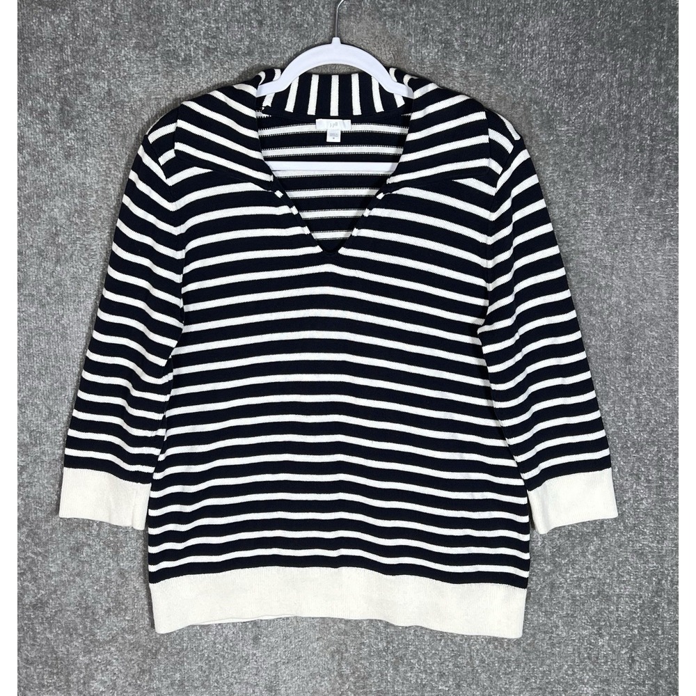 J Jill Knit Sweater Top Womens Size M White Blue Striped Nautical 3/4 Sleeve